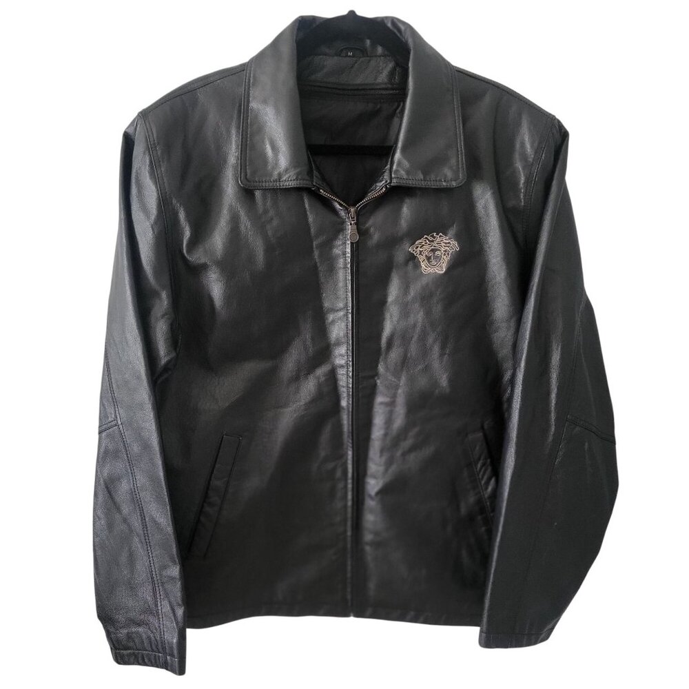 Men's Black Leather Jacket Outwear Stylish Embroidery Front & Back -M - Picture 3 of 10